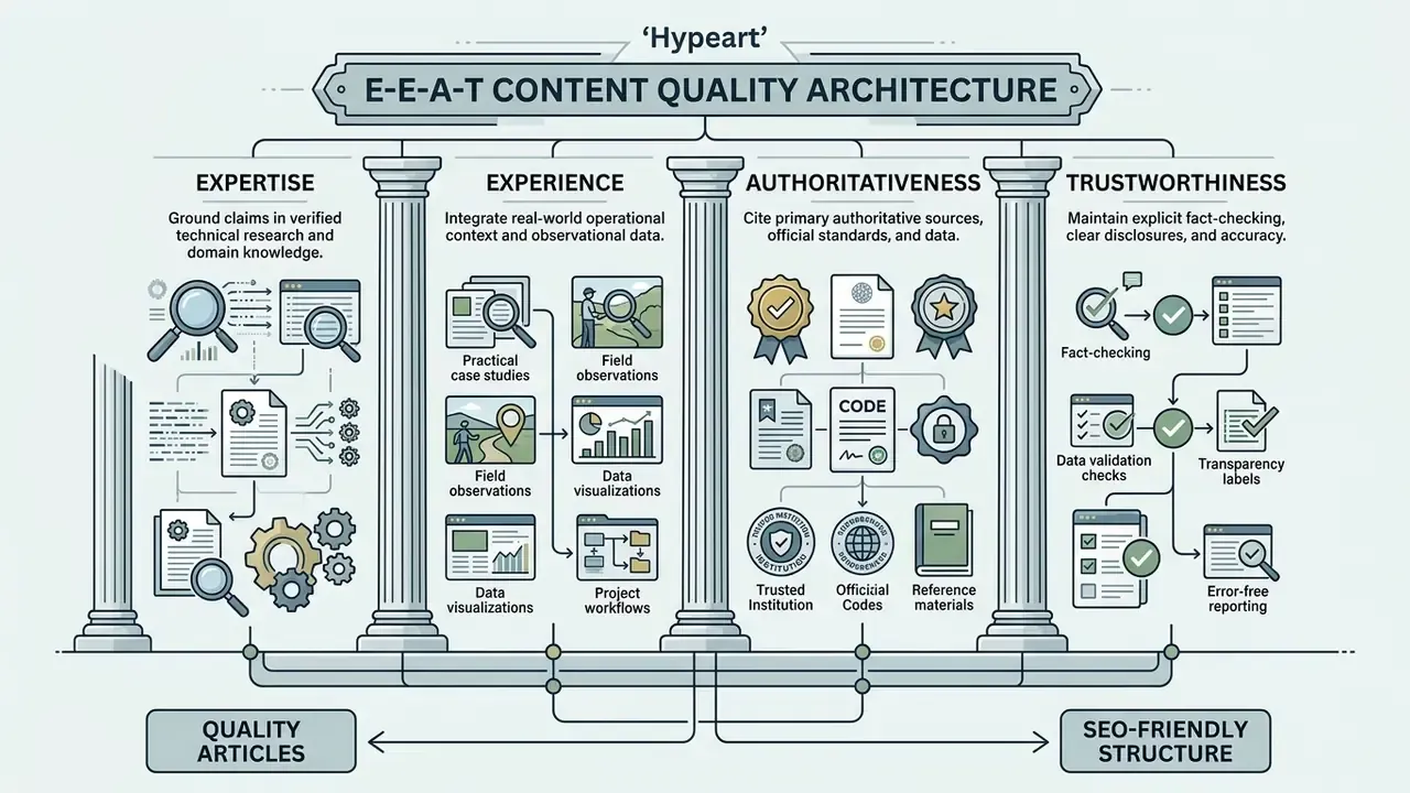 Four pillars representing expertise, experience, authoritativeness, and trustworthiness in content creation