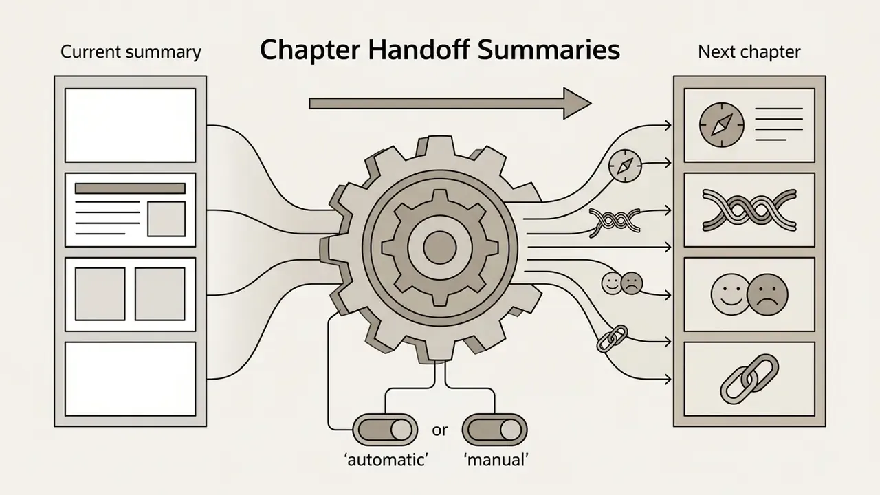 Summary document feeding through a central gear into next chapter elements controlled by toggle switches