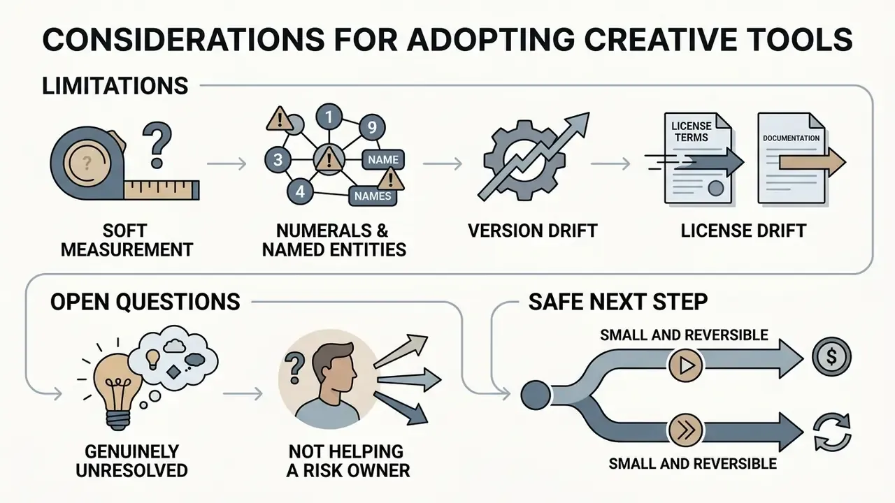 Flowchart outlining risks in creative tools including measurement, data errors, and reversible next steps