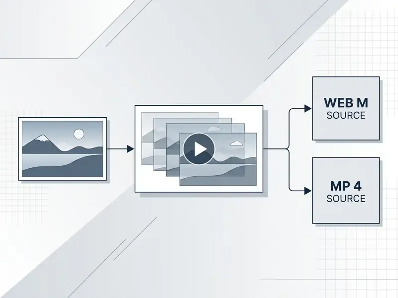 Diagram showing a static mountain image converted into a video loop exported as WebM and MP4 files