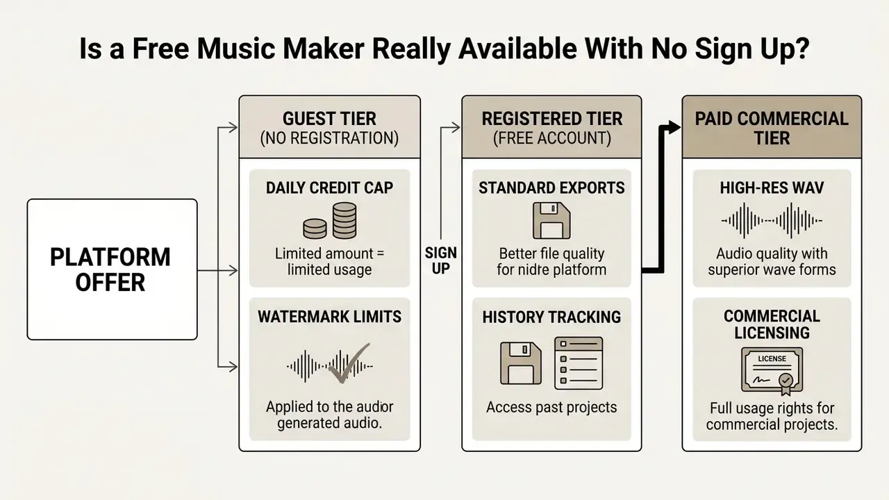 Flowchart detailing tiered access levels for a music maker online free no sign up platform