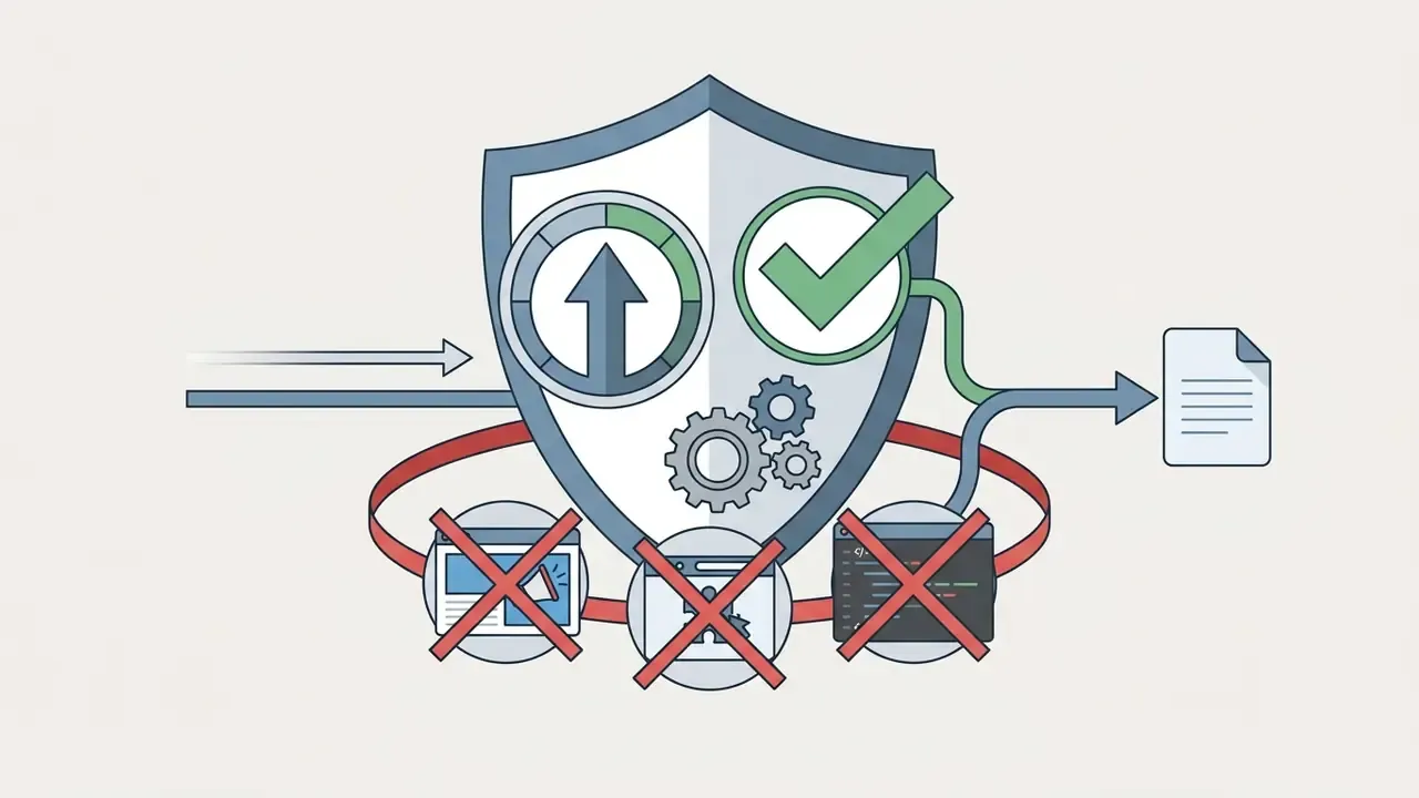 Shield icon with gears and checkmark protecting data flow from blocked pop-ups and scripts
