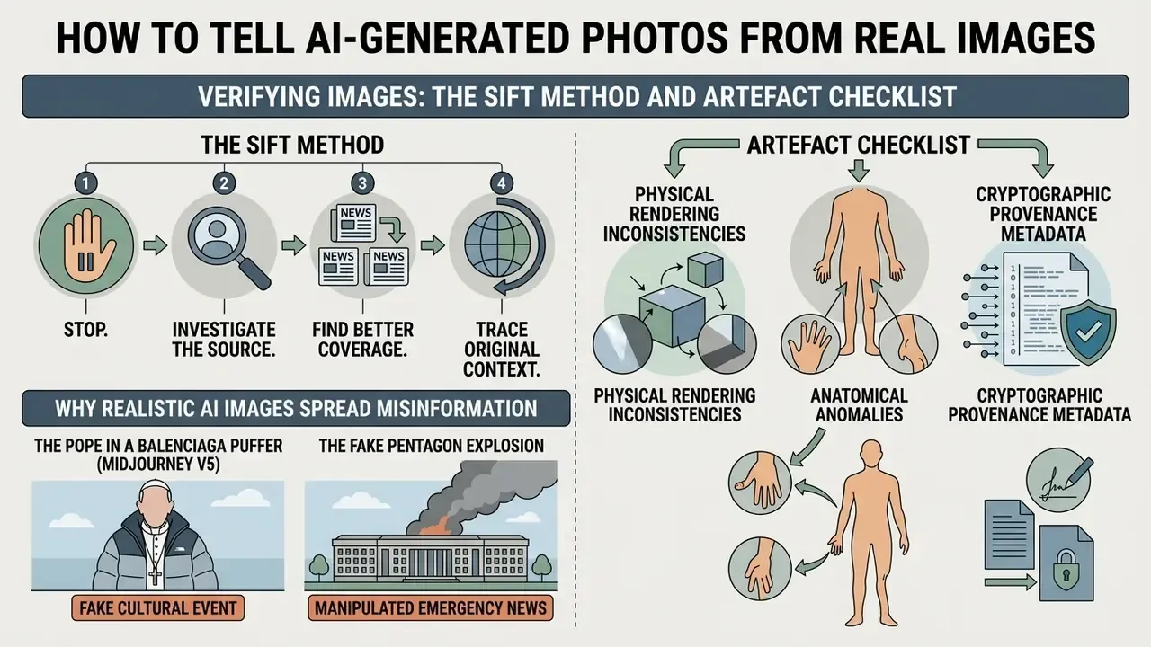 Flowchart detailing the SIFT method and an artefact checklist to identify synthetic AI generated images