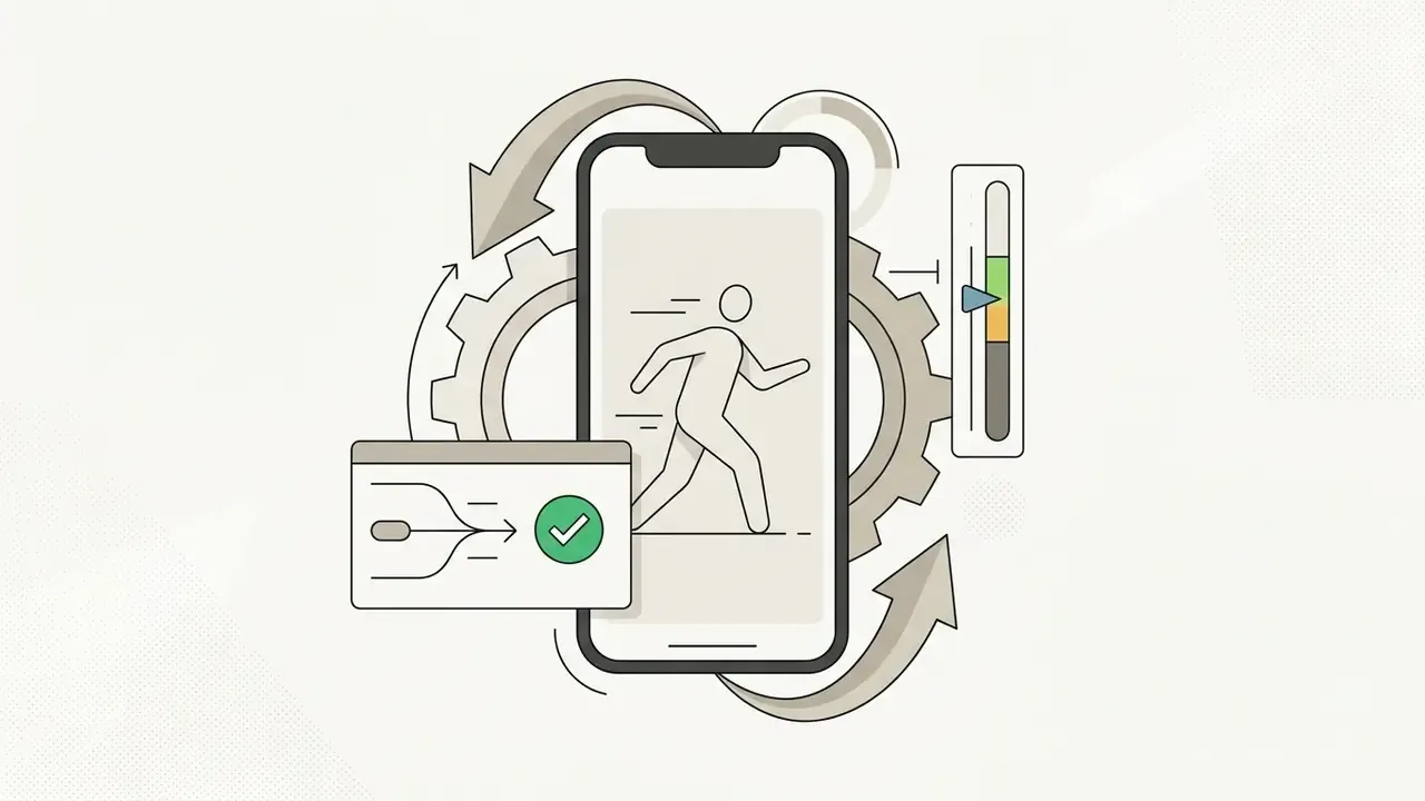 IPhone screen showing a running figure with gear icons and a progress indicator for rapid video editing