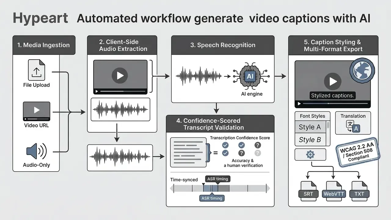Five step flowchart detailing the process of media ingestion, audio extraction, speech recognition, and export