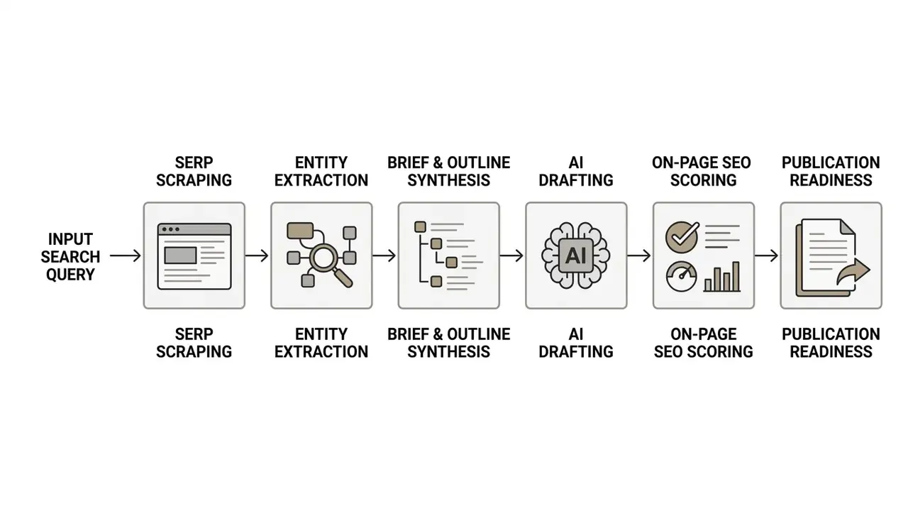 Sequential pipeline showing search query processing from SERP scraping to final publication readiness