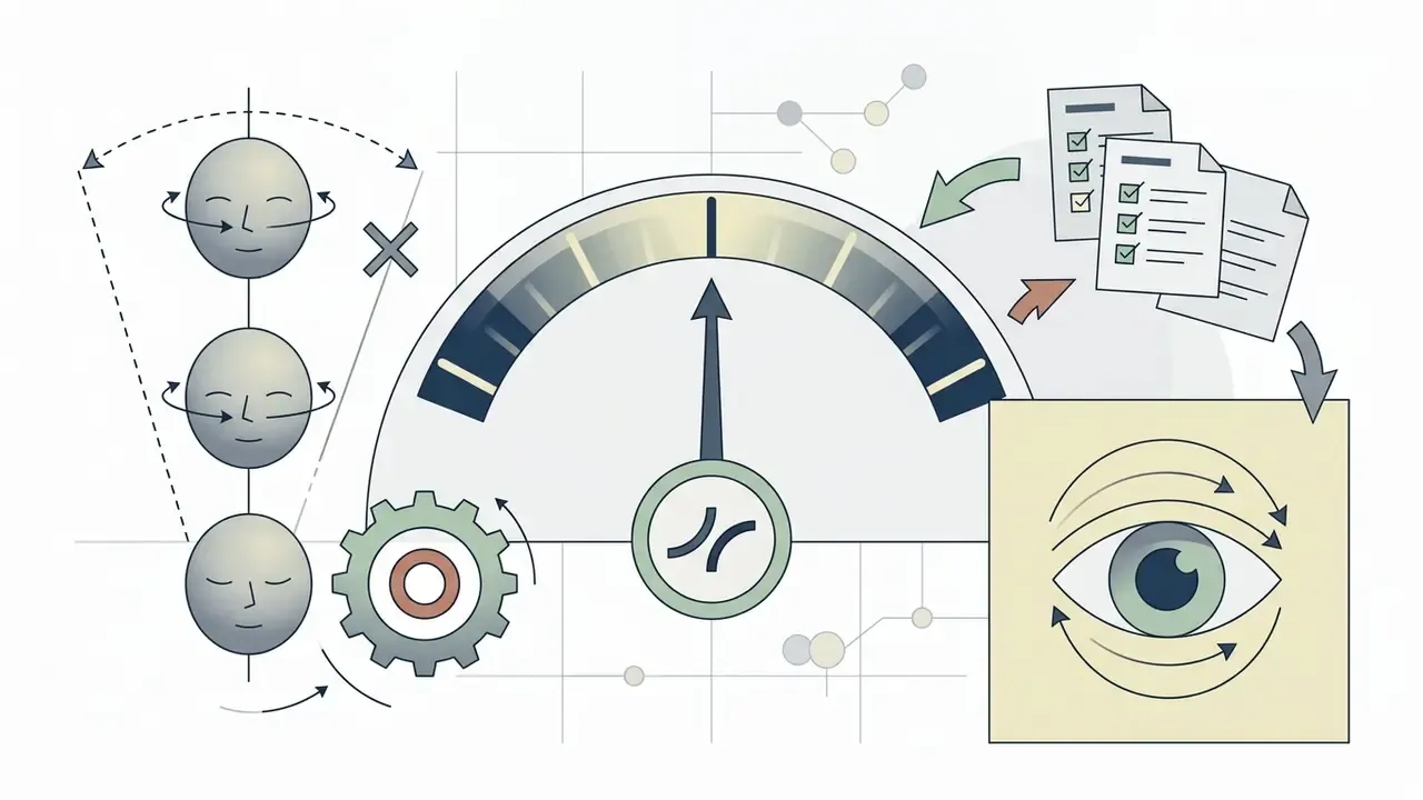 Head rotation icons, a central gauge, checklist documents, and an eye movement graphic for AI baby videos