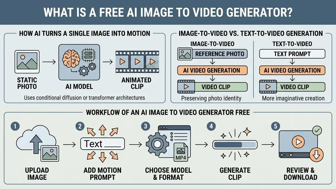 Infographic showing how an AI image to video generator free converts static photos into animated clips