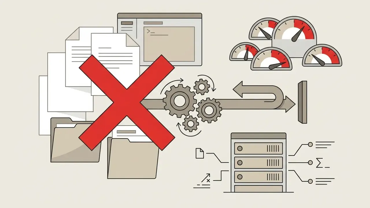 Red X mark over files and folders leading through gears to server icons and gauges