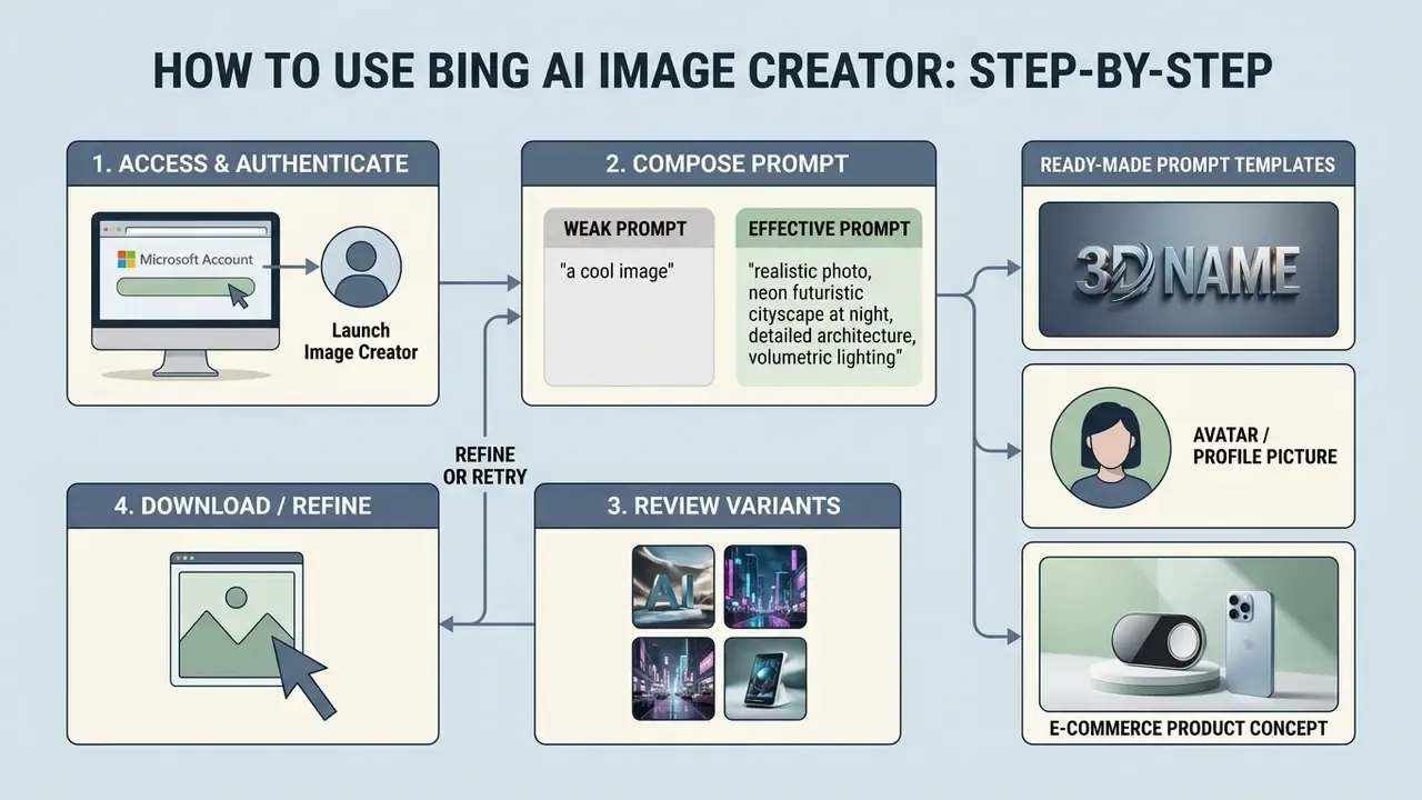 Step-by-step guide illustrating the workflow for creating Bing AI art from account login to final download