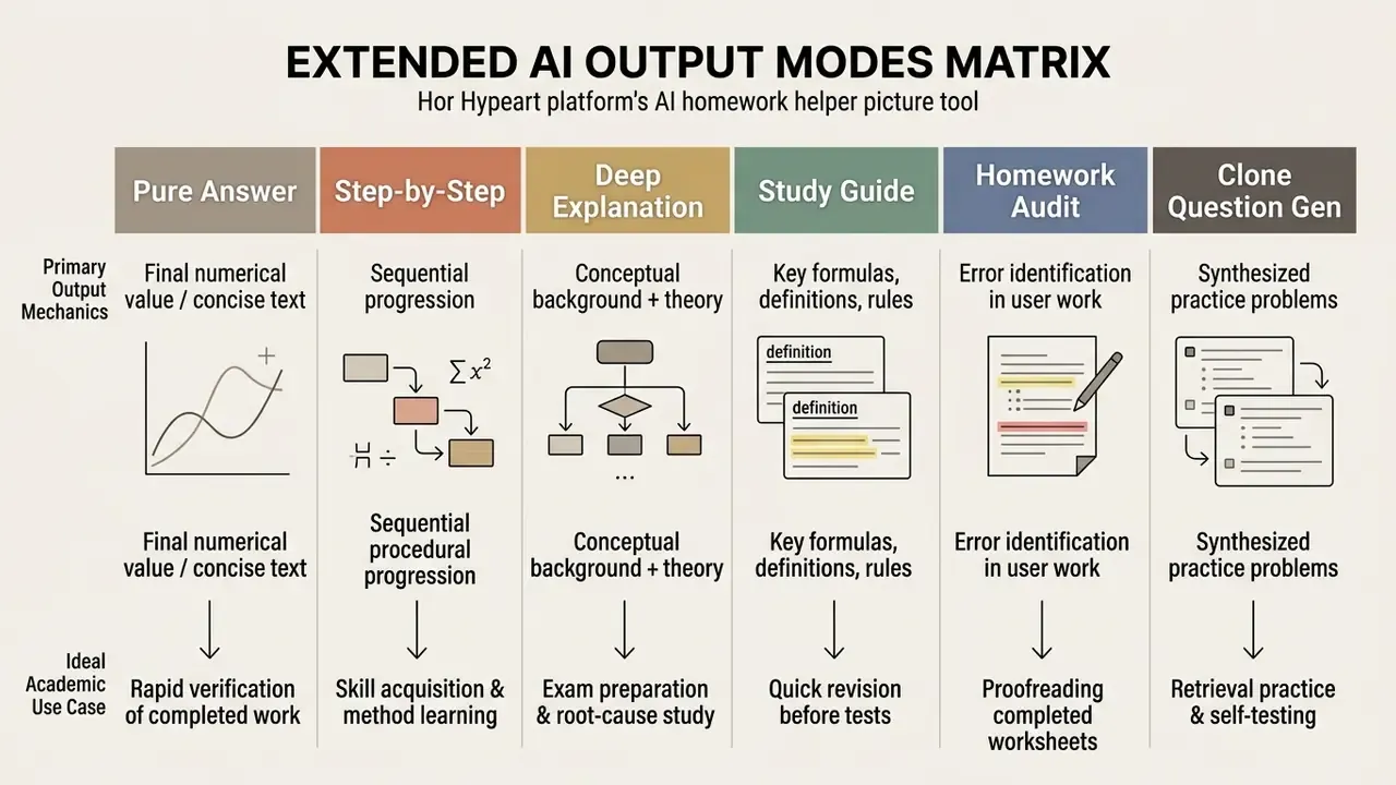 Table categorizing AI homework helper output modes by their primary mechanics and academic use cases