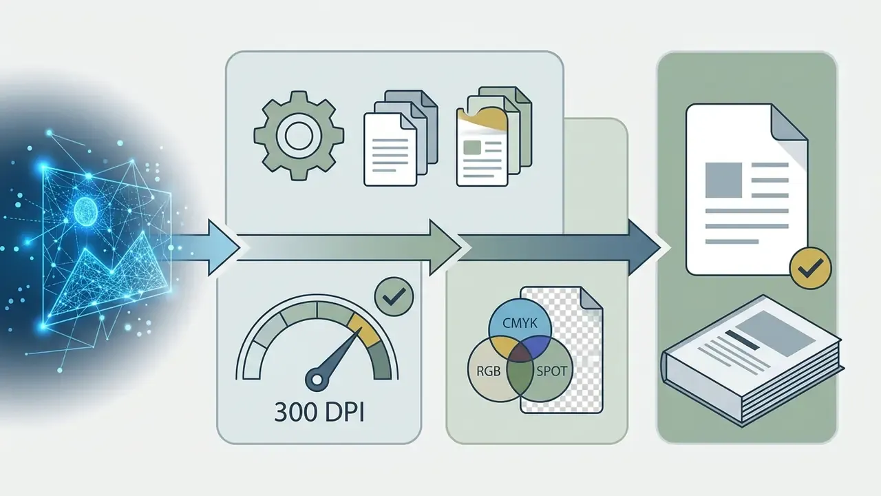 Workflow showing digital image conversion into print-ready PDF files with specific resolution and color settings