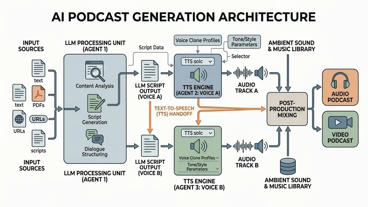 Flowchart showing an AI podcast generator transforming input documents into multi-voice audio and video files
