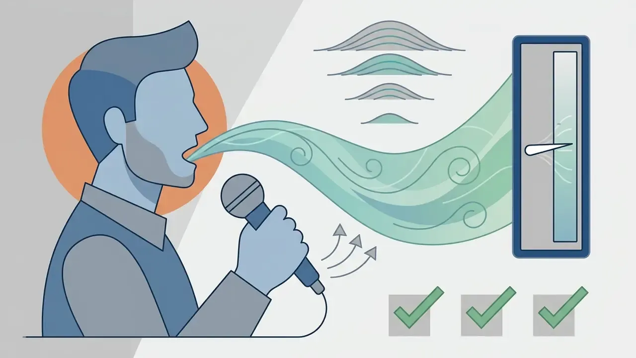 Male singer holding a microphone with vocal waves flowing into a vertical adjustment slider and checkmarks