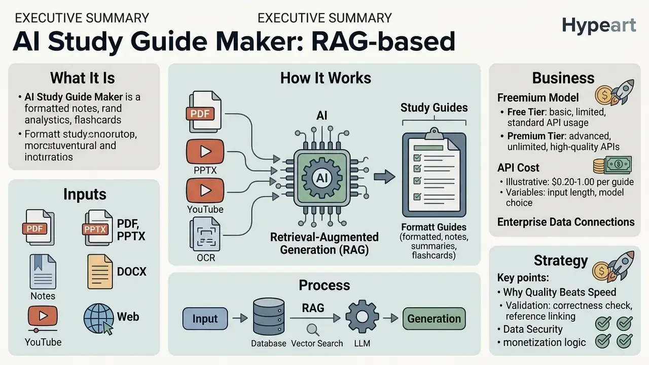 Infographic showing how an AI study guide maker uses RAG technology to process various inputs into guides