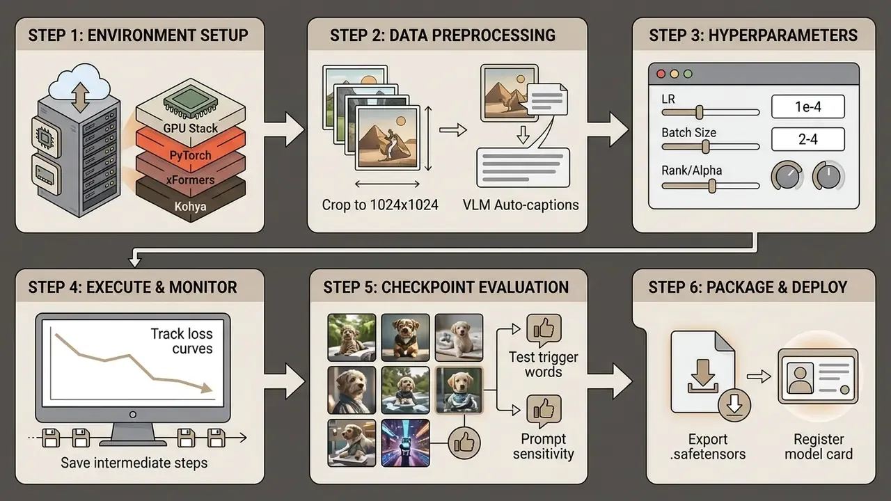Six sequential panels detailing technical stages from environment setup to final model deployment