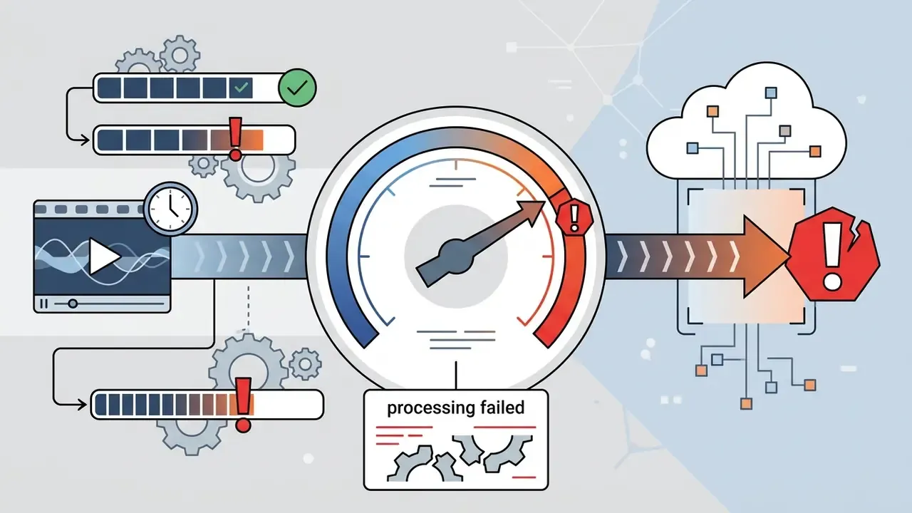 Speedometer needle in the red zone pointing to a processing failed error icon near a cloud server