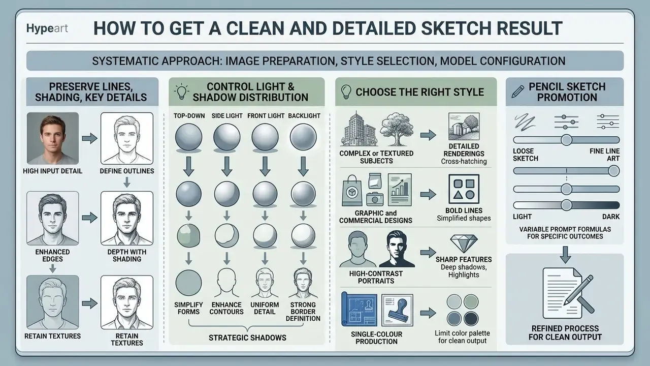 Guide showing steps to refine sketch outputs through lighting control, style selection, and prompt sliders