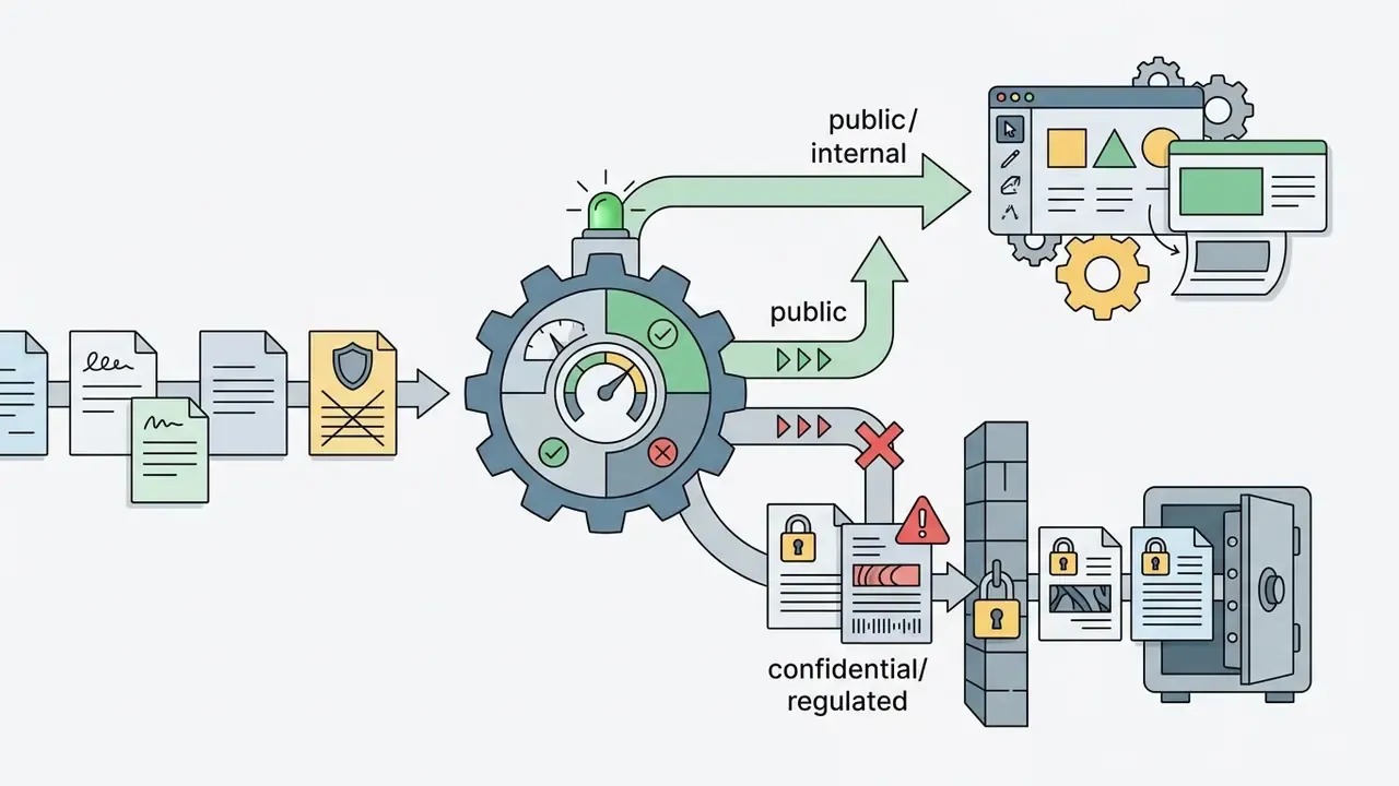Gear mechanism sorting documents into public workflows or secure storage based on classification levels