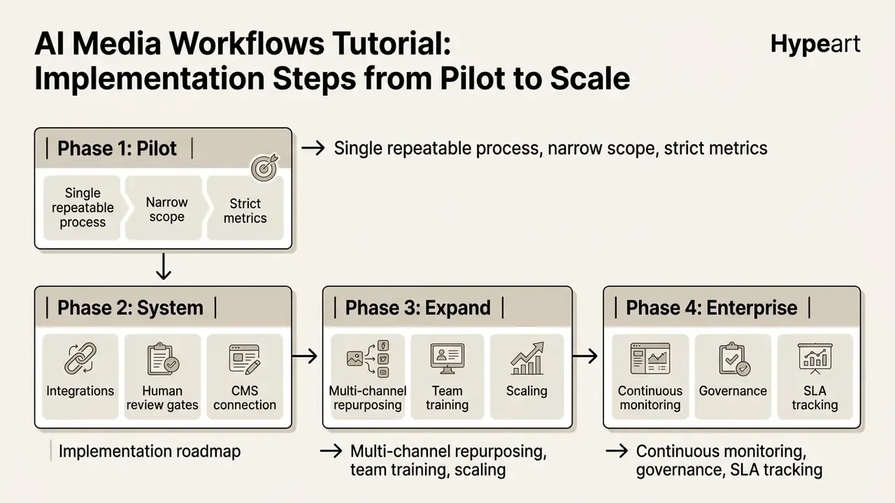 Four-stage roadmap diagram detailing the progression of AI media workflows from pilot phase to enterprise