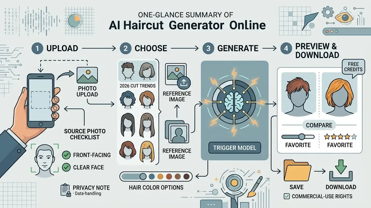 Step by step infographic detailing the workflow of an AI haircut generator from photo upload to download