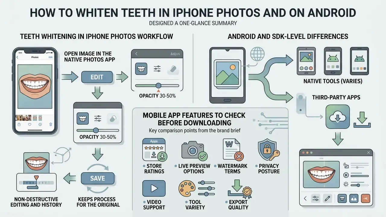 Flowchart outlining mobile photo editing steps and key features to evaluate before installing software
