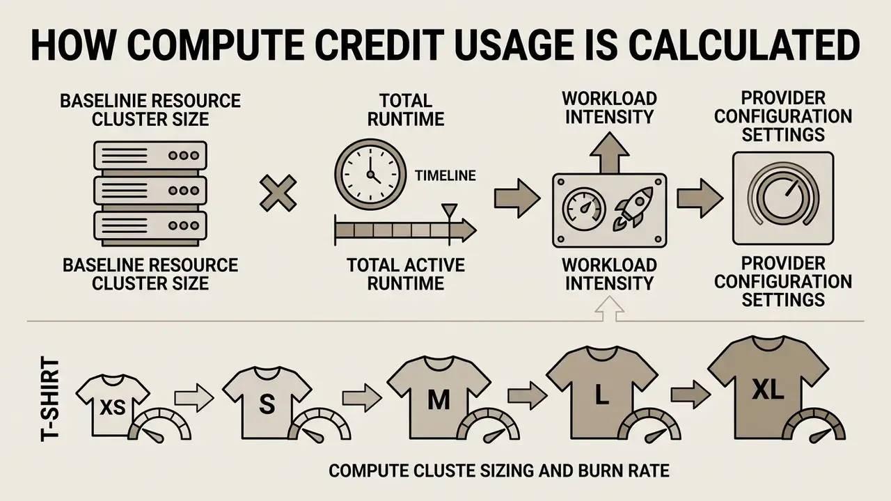 Flowchart showing how resource size, runtime, intensity, and settings determine compute credit burn rates