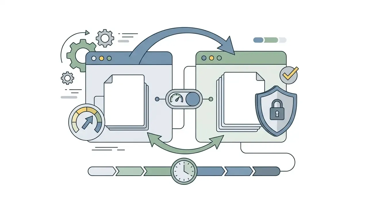 Two browser windows connected by arrows with a speed gauge, a shield with a lock, and a timeline