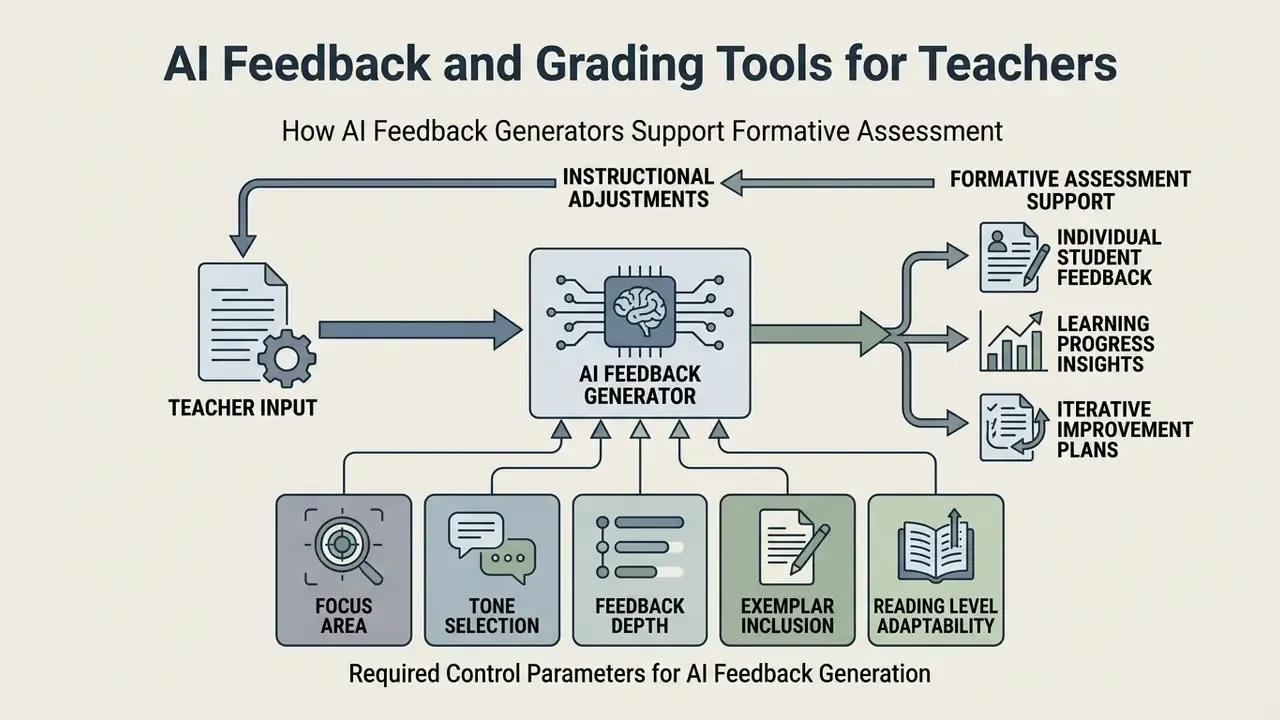 Diagram showing how teacher inputs and control parameters guide AI tools to generate formative feedback