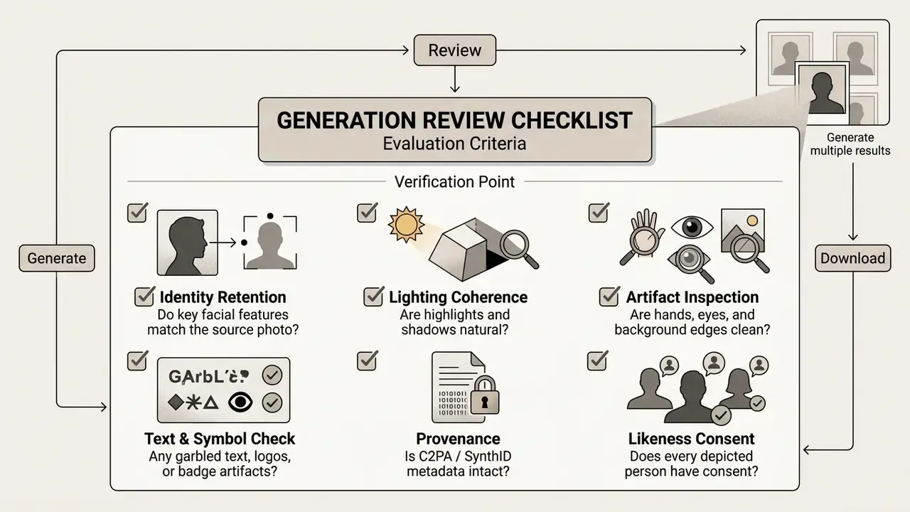 Workflow diagram detailing six verification criteria for reviewing generated images before download