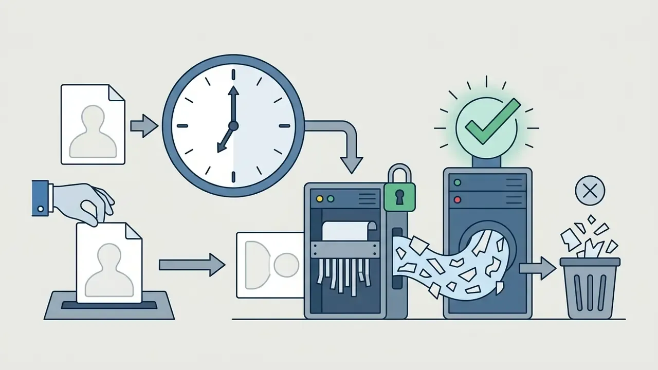 Hand inserting a photo into a shredder connected to a server that discards data into a waste bin