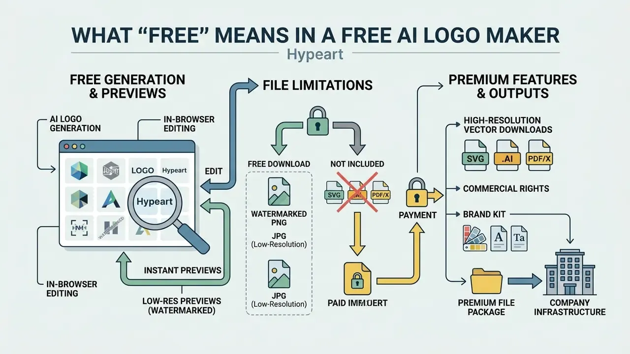 Diagram showing the transition from free logo generation to paid premium outputs in an AI logo maker