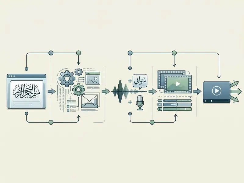 Flowchart showing Arabic text input transforming into AI video through script layout and audio synthesis