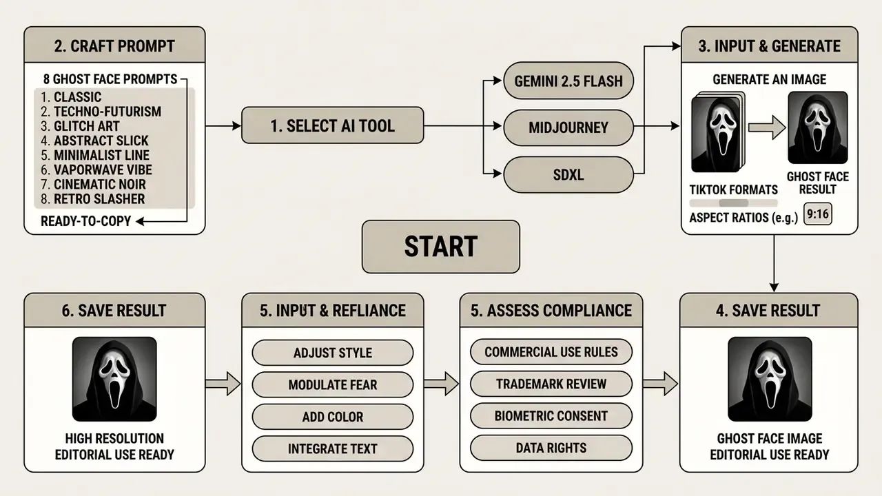 Flowchart showing steps to craft prompts, select AI tools, generate images, and assess compliance