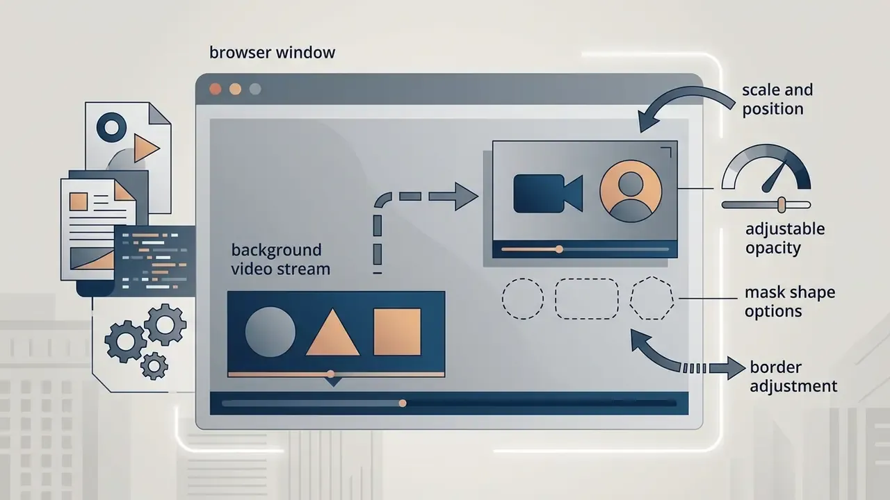 Browser window showing a secondary video stream overlaid on a background with controls for editing