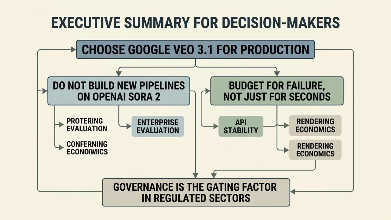 Flowchart comparing Sora vs Veo with recommendations for production pipelines and governance factors