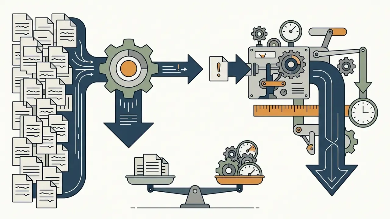Documents flowing through gears and a scale balancing manual effort against automated processing time