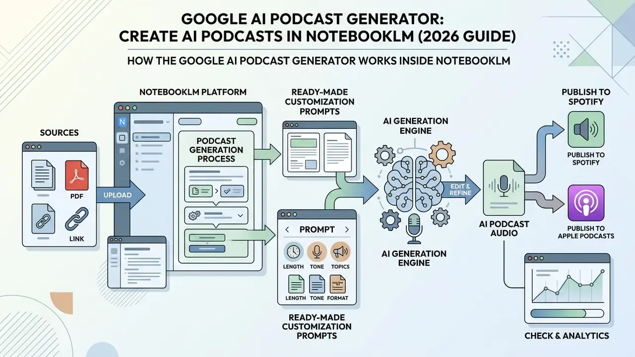 Flowchart showing the Google AI podcast generator process from source upload to final audio distribution