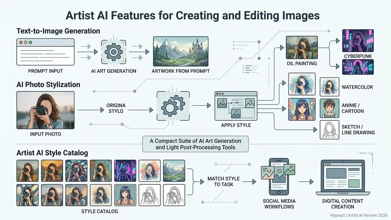 Diagram showing Artist AI processes for text-to-image generation, photo stylization, and style matching