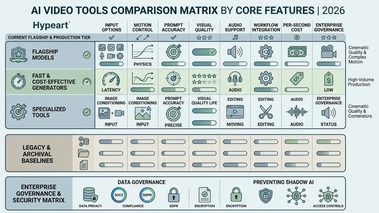 Detailed chart categorizing AI video tools by performance metrics, production tier, and security standards