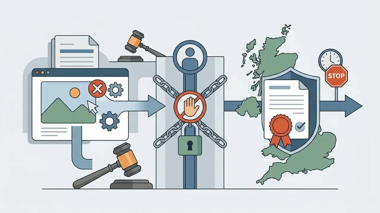 Digital image processing blocked by chains and a padlock before a legal shield over a map of the UK