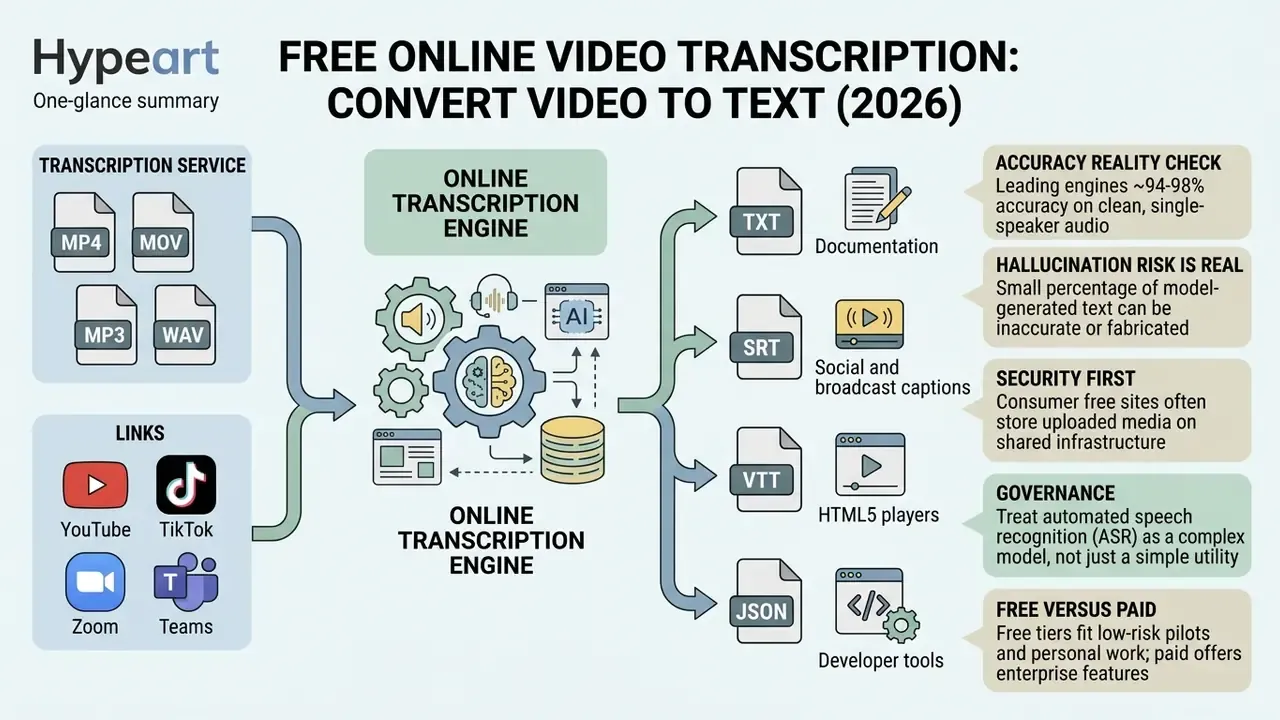 Infographic showing how a free online video transcription service processes media files into text formats