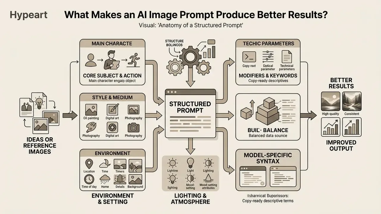Infographic showing how various descriptive components converge into a single structured prompt