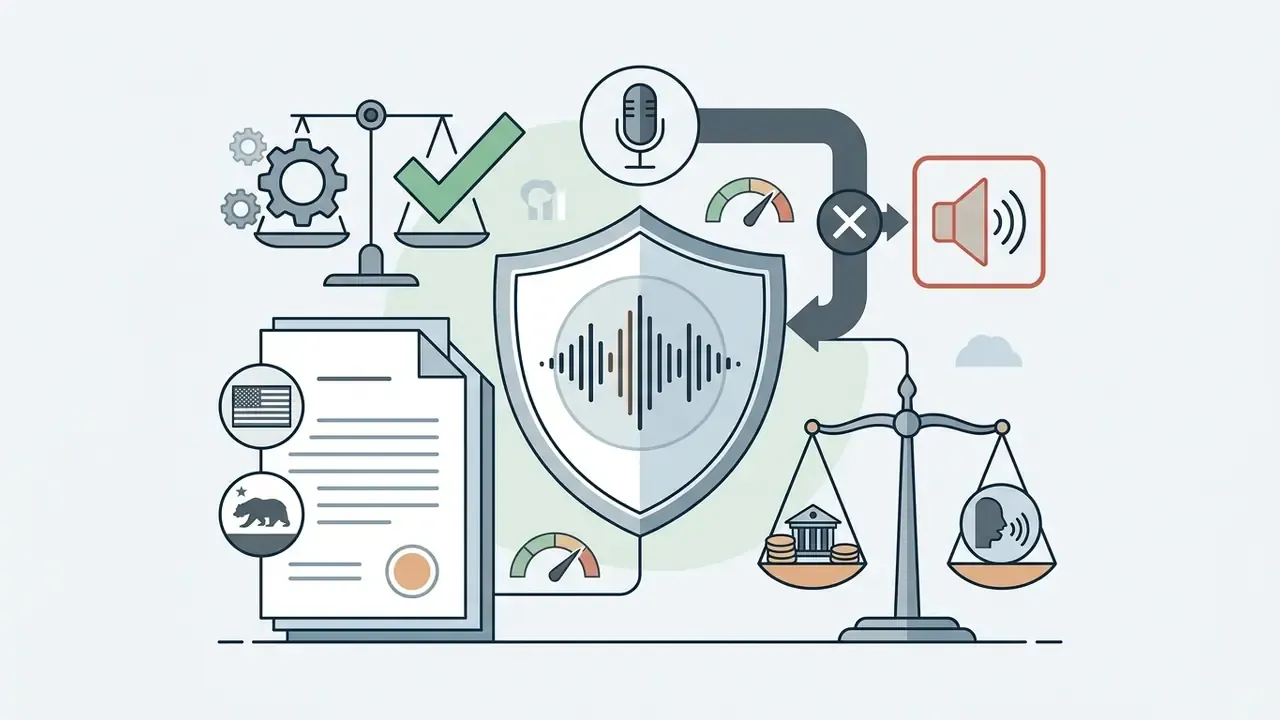 Legal documents and scales of justice surrounding a shield with an audio waveform to signify voice regulation