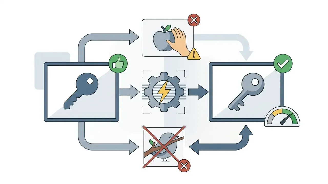 Clear key icon passing through a central gear to become a stylized key while blocked items are rejected