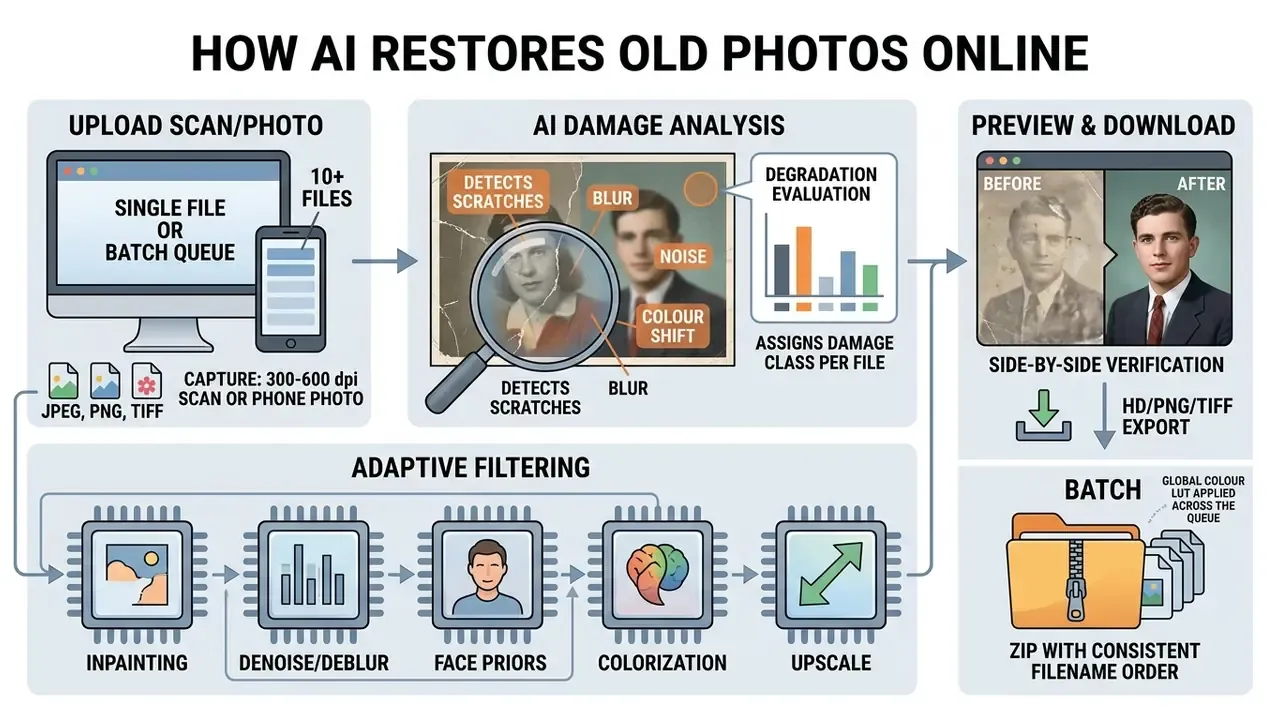 Flowchart showing the process of uploading photos for AI damage analysis, adaptive filtering, and export