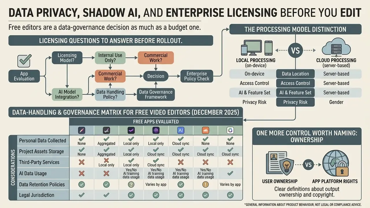 Infographic comparing data governance, processing models, and ownership for free video editing apps