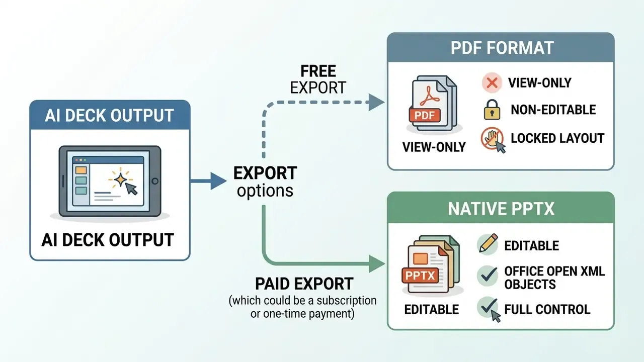 AI deck output paths showing free PDF exports as non-editable versus paid PPTX exports as editable
