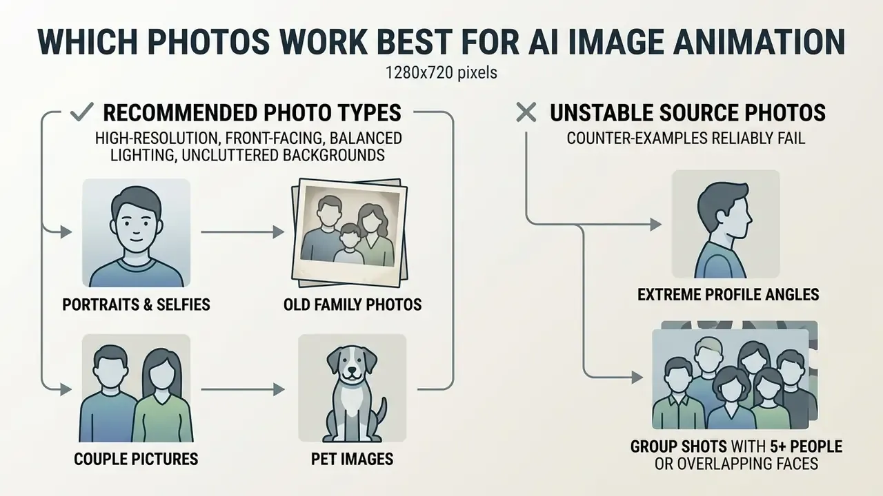 Comparison chart showing recommended portrait and pet photos versus unstable group or profile shots