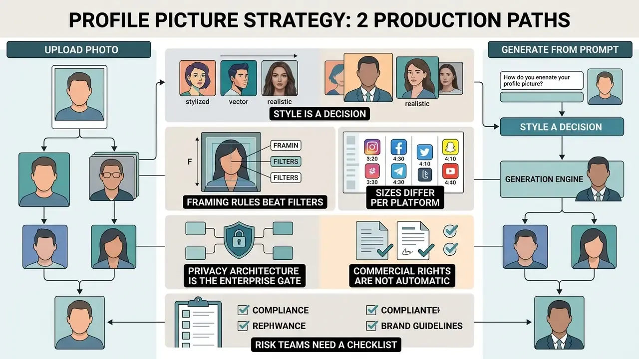 Infographic comparing two profile picture generator workflows through visual icons and decision steps